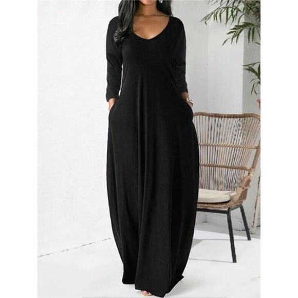 Variété Boutique Dresses & Skirts - Solid V Neck Maxi Tee Dress